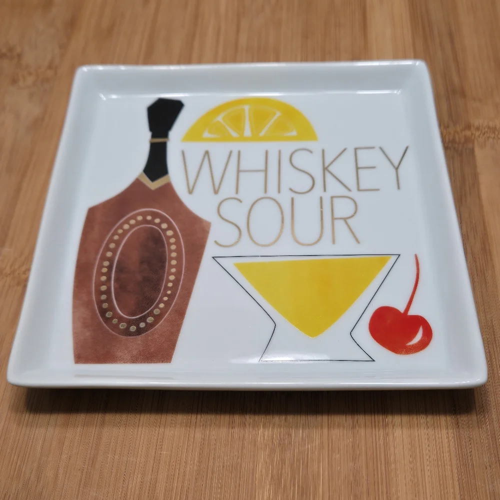 Crate & Barrel WHISKEY SOUR Appetizer Plate Trinket Dish, recipe on back